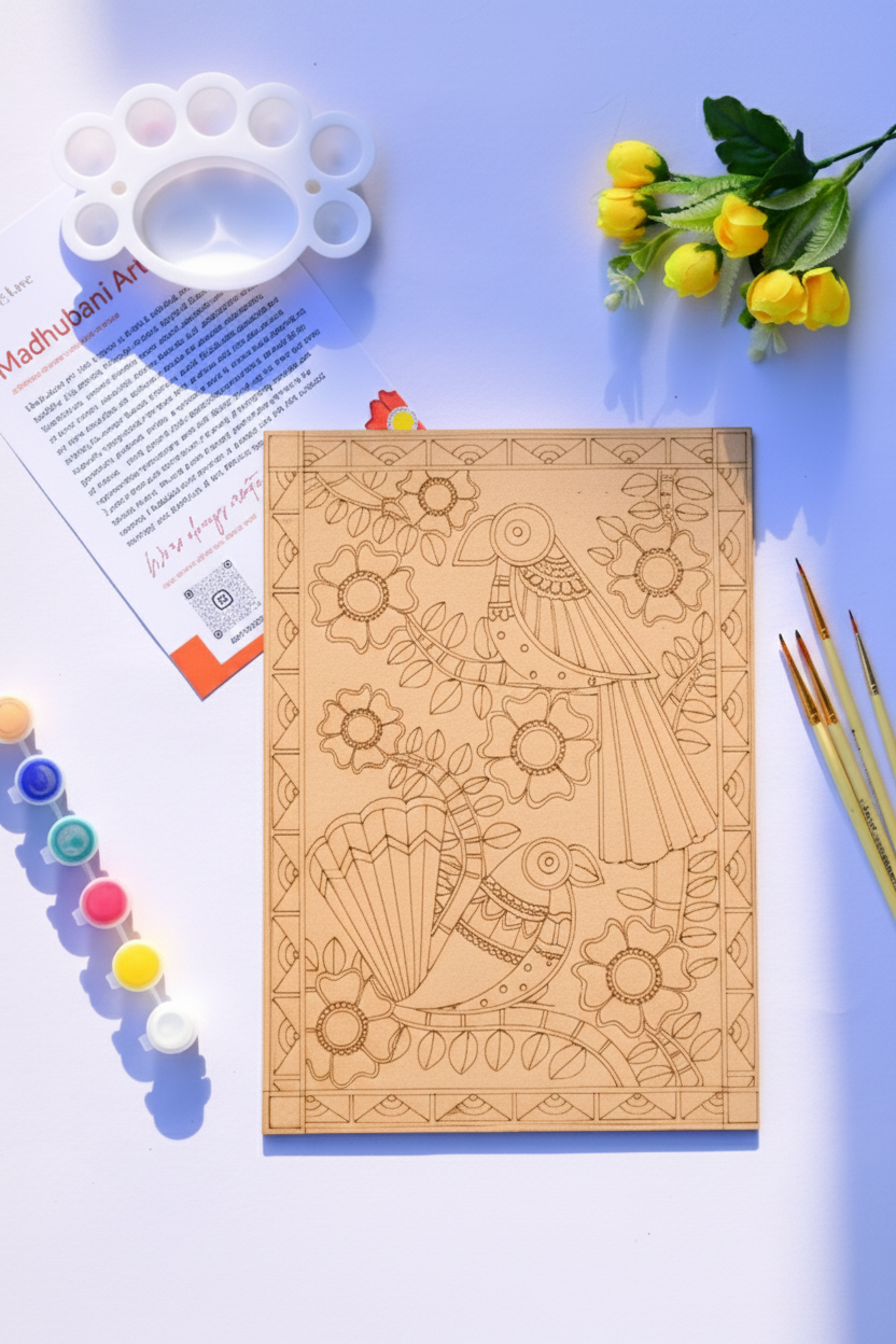 Madhubani Birds mandala art kit styled on a wooden table - A4 pre-drawn board, 12 acrylic paint colors, brushes and palette for Indian folk art DIY painting - Arttykase