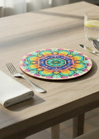 Finished hand-painted dot mandala round board displayed as decorative table décor with cutlery and glass - Arttykase Indian folk art home décor DIY kit result