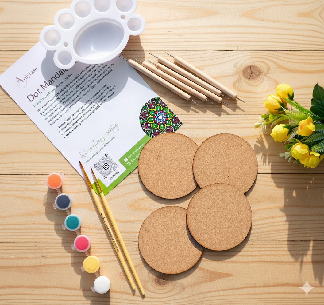 Dot Mandala Coaster Painting Kit (UK) – Set of 4 MDF Coasters with Dotting Tools & Stencils