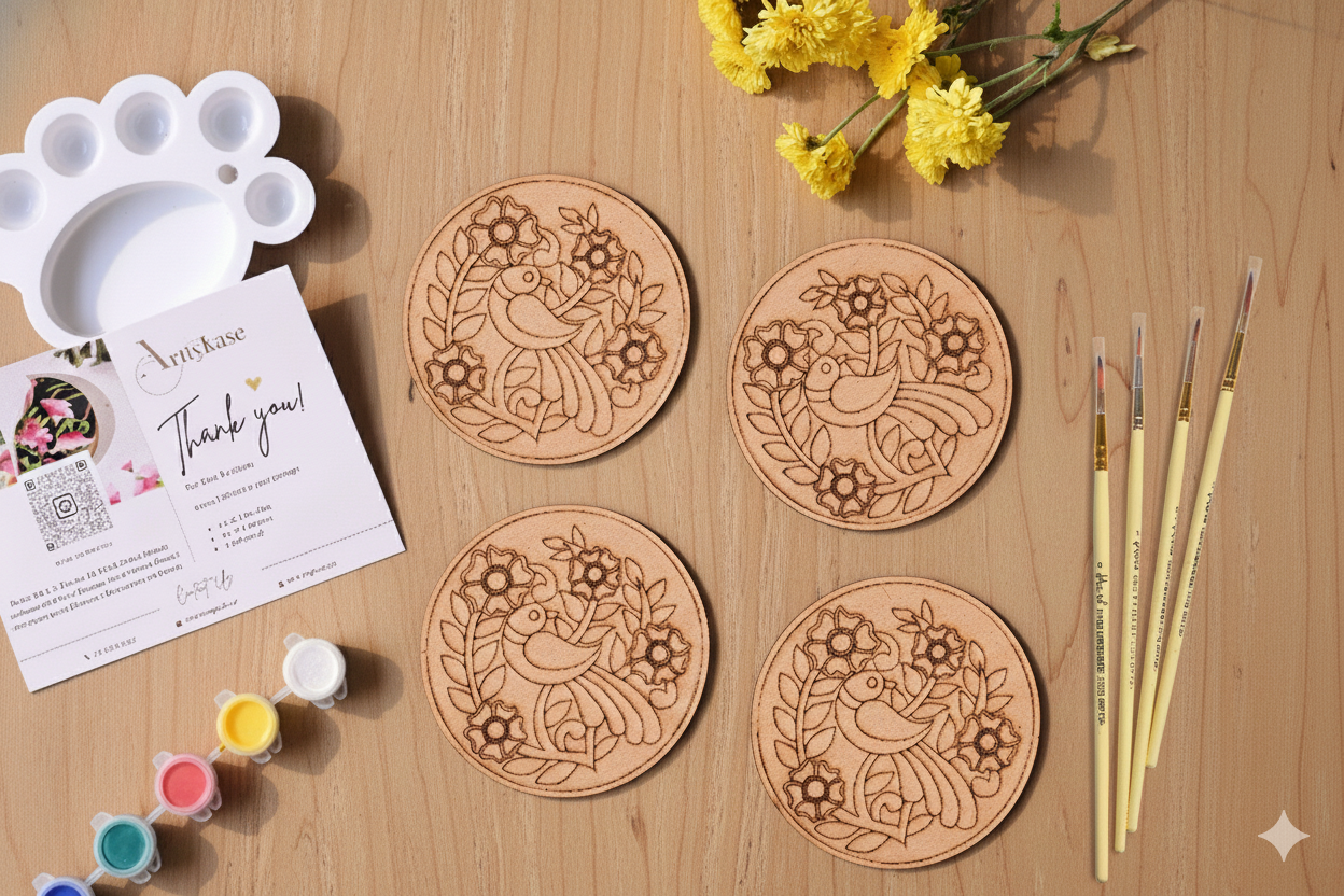 Madhubani Bird Coaster Painting Kit (UK) – Set of 4 Pre-Drawn Coasters & Acrylic Paints