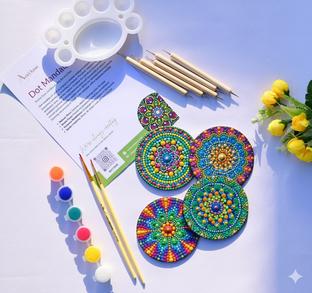 Dot Mandala Coaster Painting Kit (UK) – Set of 4 MDF Coasters with Dotting Tools & Stencils