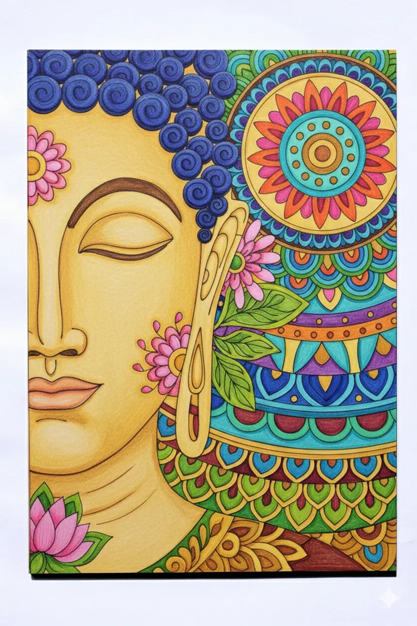 Finished Buddha mandala painting with vibrant lotus and floral designs in traditional Indian folk art colors on a pre-drawn 4mm wooden board — Arttykase