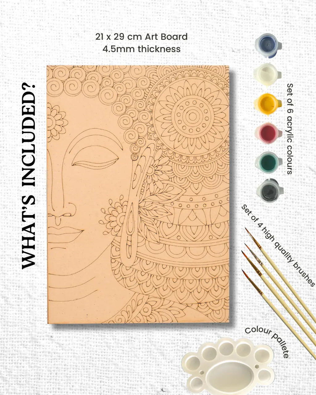 Complete Buddha mandala art kit flat lay -A4 pre-drawn board, 6 acrylic paints, 4 fine brushes, mixing palette, gel pen and step-by-step guide on white background