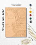 Complete Buddha mandala art kit flat lay -A4 pre-drawn board, 6 acrylic paints, 4 fine brushes, mixing palette, gel pen and step-by-step guide on white background
