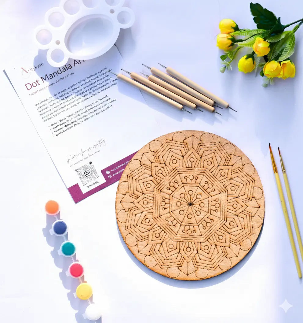 19-piece Arttykase dot mandala painting kit - 8-inch round pre-marked wooden board, 5 wooden dotting tools, 6 acrylic paints, 2 brushes, palette and step-by-step guide