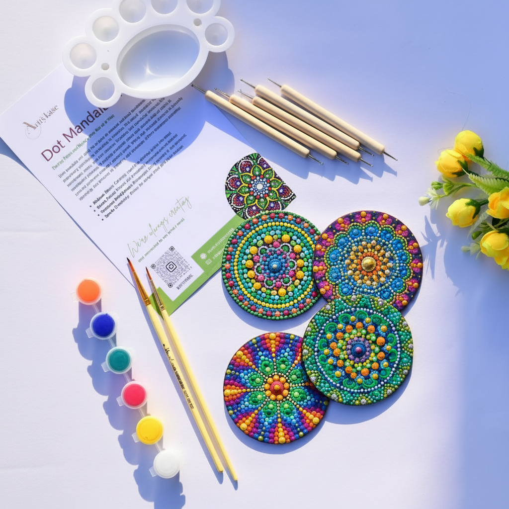 Complete Arttykase dot mandala coaster art kit on light blue background - 4 MDF coasters, 6 acrylic paints, 5 wooden dotting tools, brushes and instruction guide