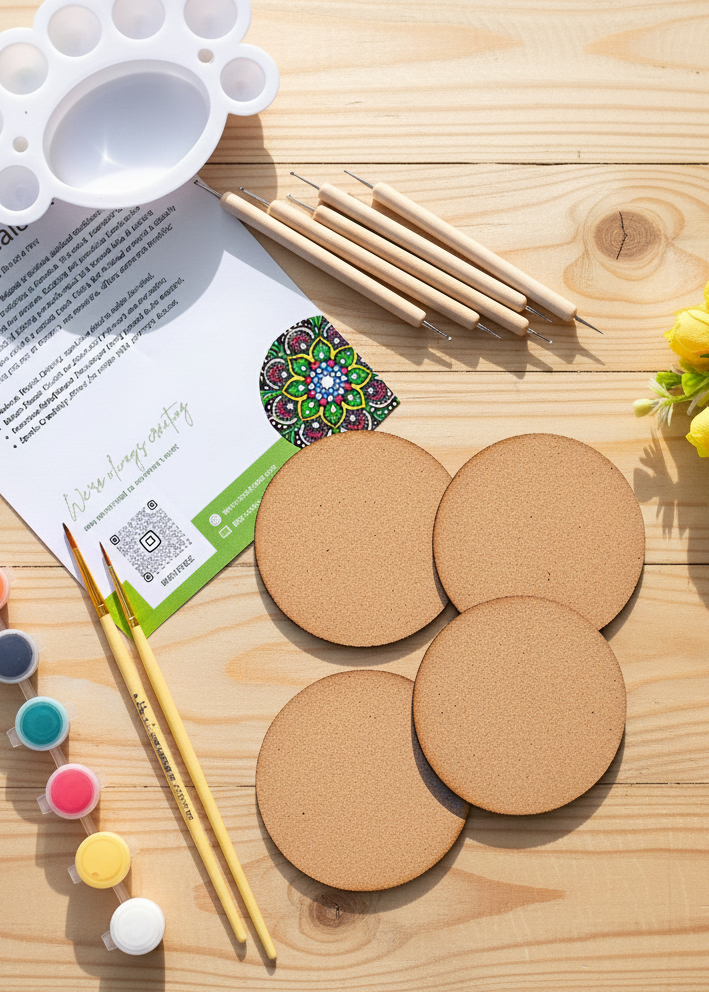 Dot mandala coaster DIY kit contents - 4 blank MDF wooden coasters, 5 dotting tools, 6 acrylic paints, stencil sheets, brushes and color chart on wooden surface