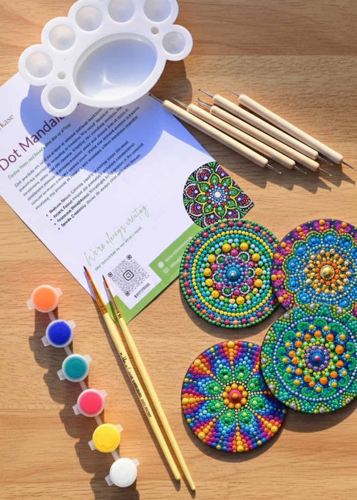 Dot mandala coaster painting kit with 4 MDF wooden coasters, 5 dotting tools, 6 acrylic paints and stencils arranged on a wooden surface - Arttykase Indian folk art DIY