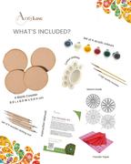 Dot mandala coaster DIY kit contents - 4 MDF coasters, 6 acrylic paints, 5 dotting tools, transfer paper, stencils, brushes and palette on white background