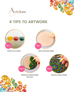 Arttykase dot mandala coaster painting tips infographic - step-by-step beginner guide for creating Indian folk art dot patterns on MDF wooden coasters