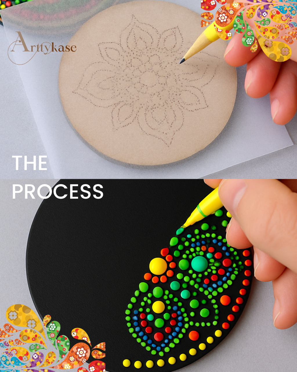 Two-step dot mandala coaster painting process - top: tracing a mandala flower design onto a round MDF coaster using a stencil and pencil; bottom: applying vibrant multicolor acrylic dots with a dotting tool on a black coaster - Arttykase Indian folk art DIY kit