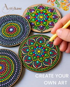 Finished colorful dot mandala coasters displayed on a wooden table - hand-painted geometric Indian folk art pattern - Arttykase DIY coaster painting kit