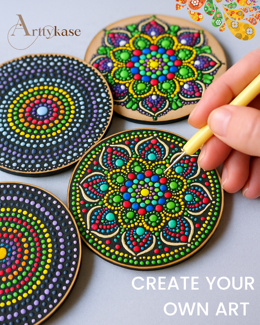 Finished colorful dot mandala coasters displayed on a wooden table - hand-painted geometric Indian folk art pattern - Arttykase DIY coaster painting kit