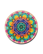 Finished dot mandala painting on an 8-inch round wooden display board - geometric Indian folk art pattern with vibrant pink and coral acrylic dot details — Arttykase