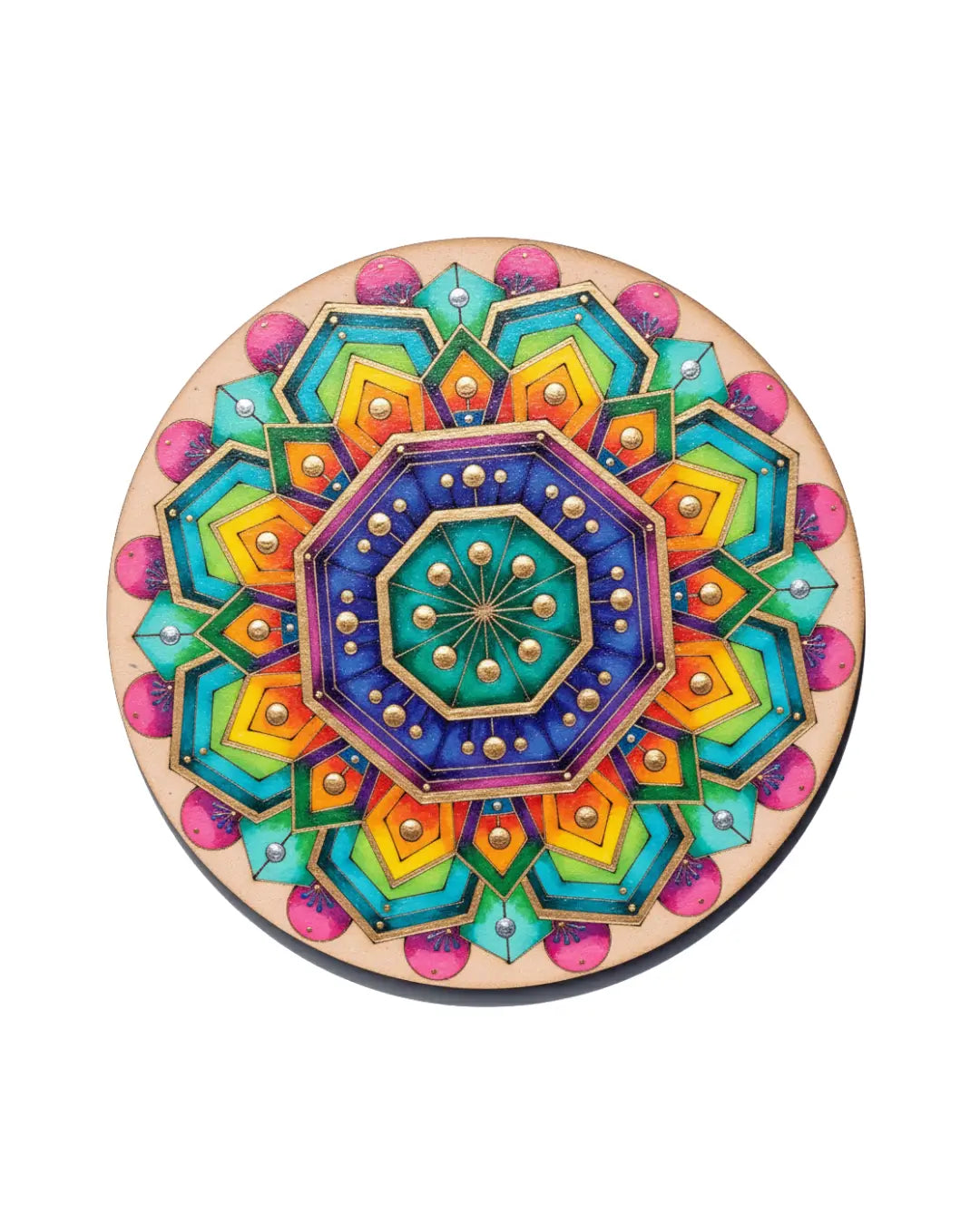 Finished dot mandala painting on an 8-inch round wooden display board - geometric Indian folk art pattern with vibrant pink and coral acrylic dot details — Arttykase