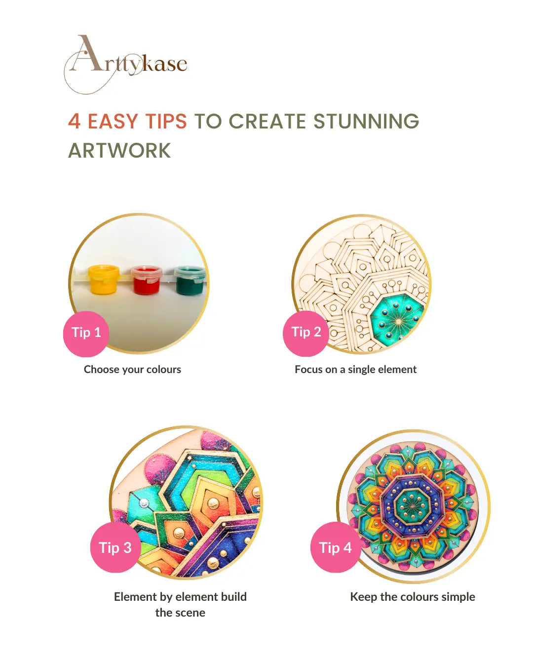 Arttykase 4-step dot mandala painting tips - beginner guide for creating symmetrical Indian folk art mandala designs with wooden dotting tools on a round board