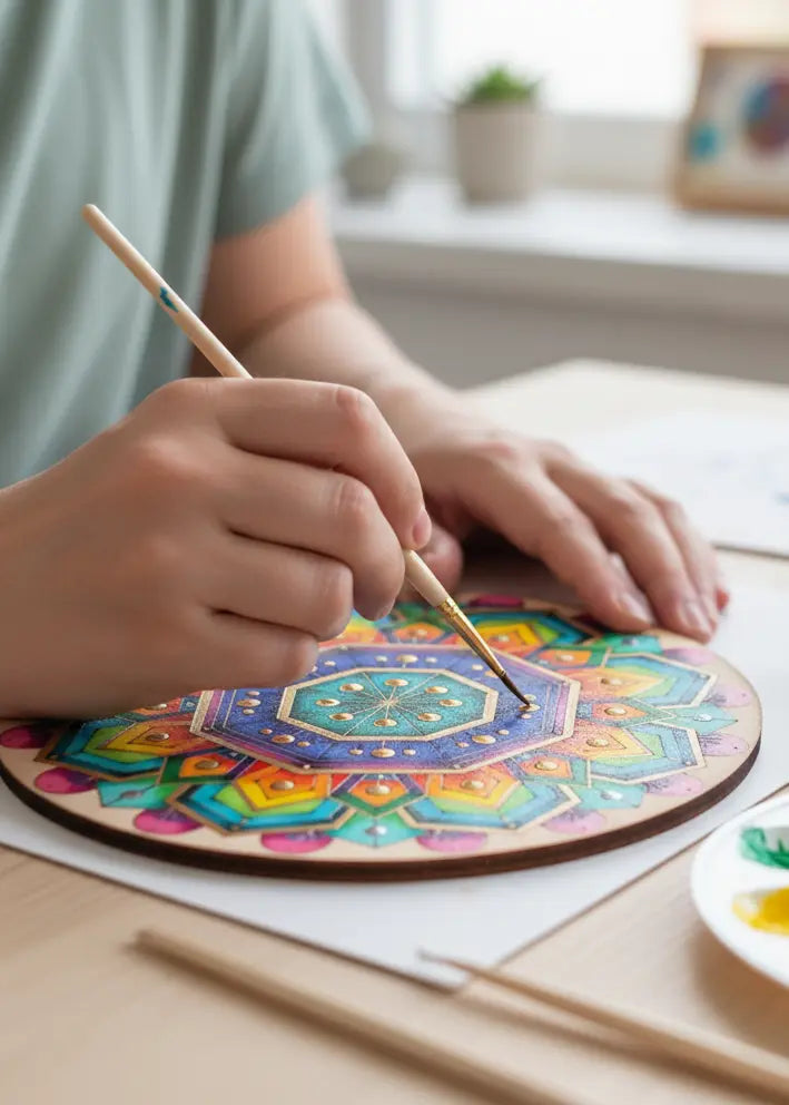 Person painting a colorful dot mandala on a round pre-marked wooden board using a wooden dotting tool and acrylic paints - Arttykase Indian folk art DIY kit
