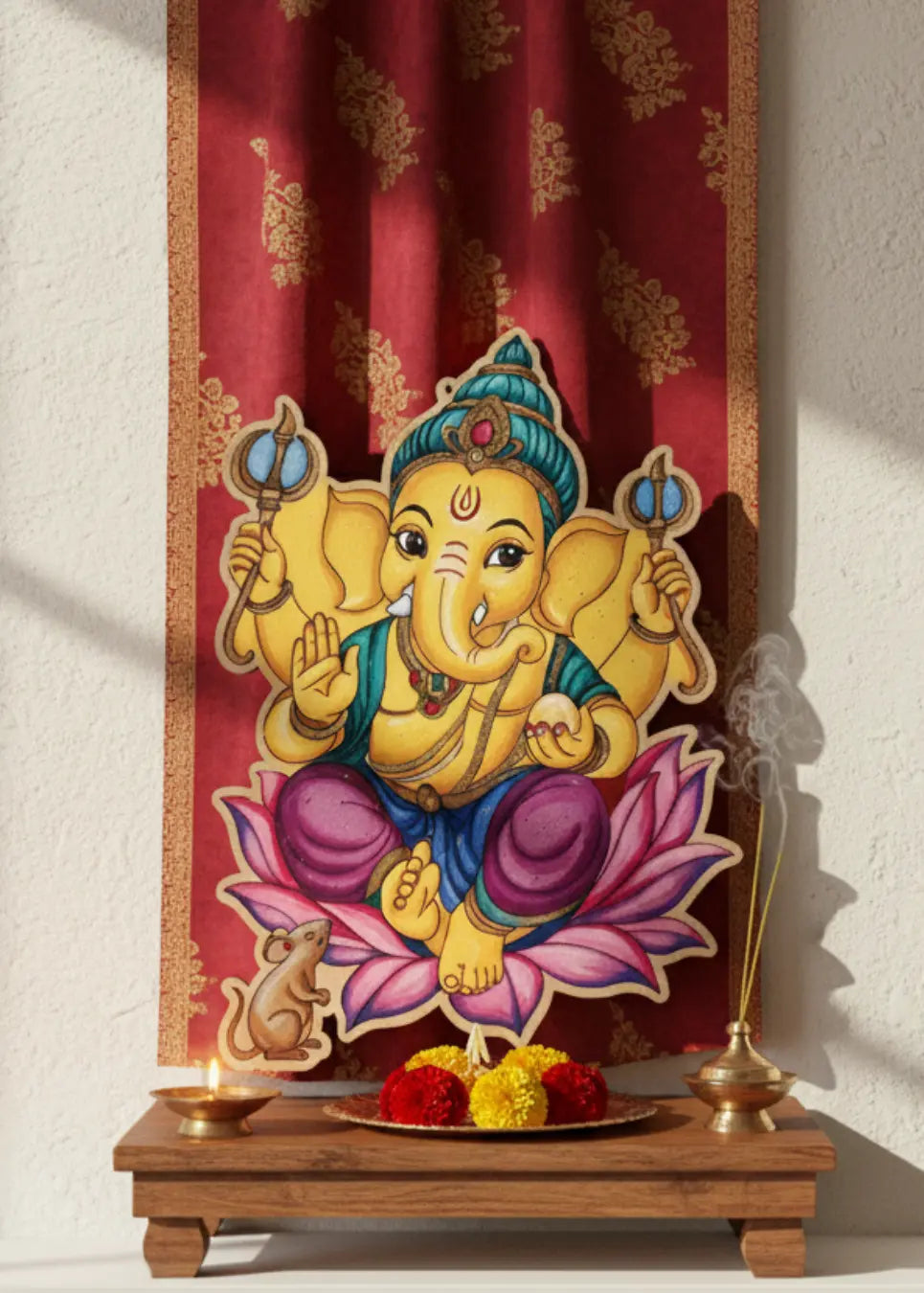 Finished Lord Ganesha painting on a pre-drawn wooden board with vibrant colors against a red curtain - Arttykase Indian folk art DIY kit