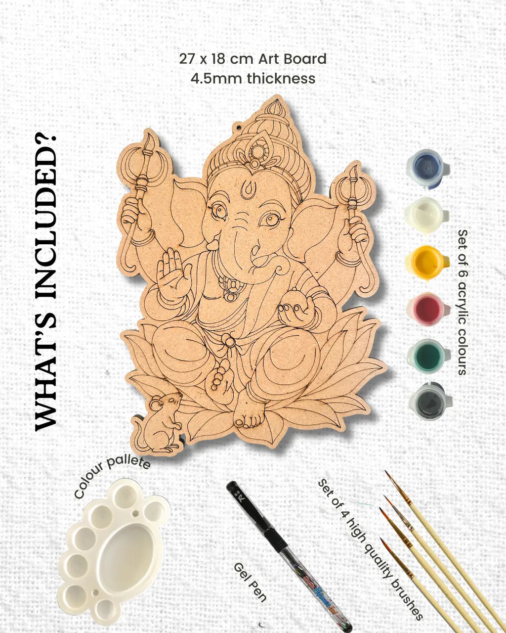 Unique Ganesha gift set complete DIY cultural painting kit - pre-drawn board, acrylic paints and brushes - Arttykase Indian folk art for adults and teens