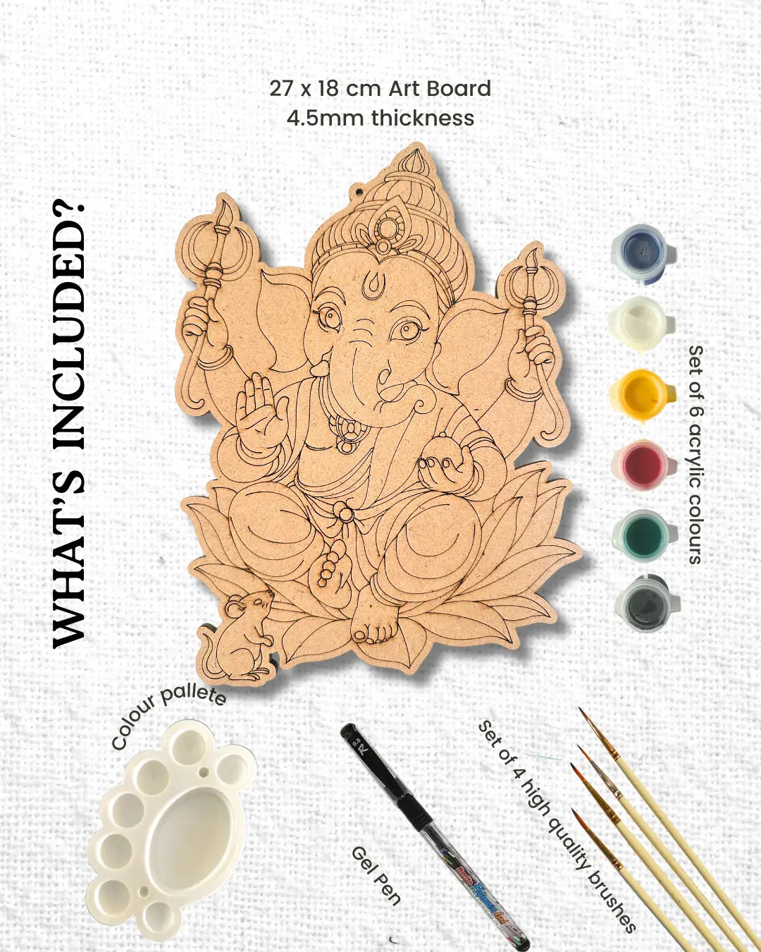 Unique Ganesha gift set complete DIY cultural painting kit - pre-drawn board, acrylic paints and brushes - Arttykase Indian folk art for adults and teens