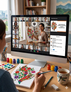 Arttykase Madhubani bird painting online workshop - live class on computer screen with Indian instructor teaching folk art painting to students, participant painting along at desk with acrylic paints