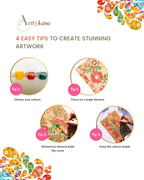 Arttykase 4 easy tips infographic for painting a Madhubani bird Indian folk art kit - Tip 1: choose your colors, Tip 2: focus on a single element, Tip 3: build the scene element by element, Tip 4: keep the colors simple