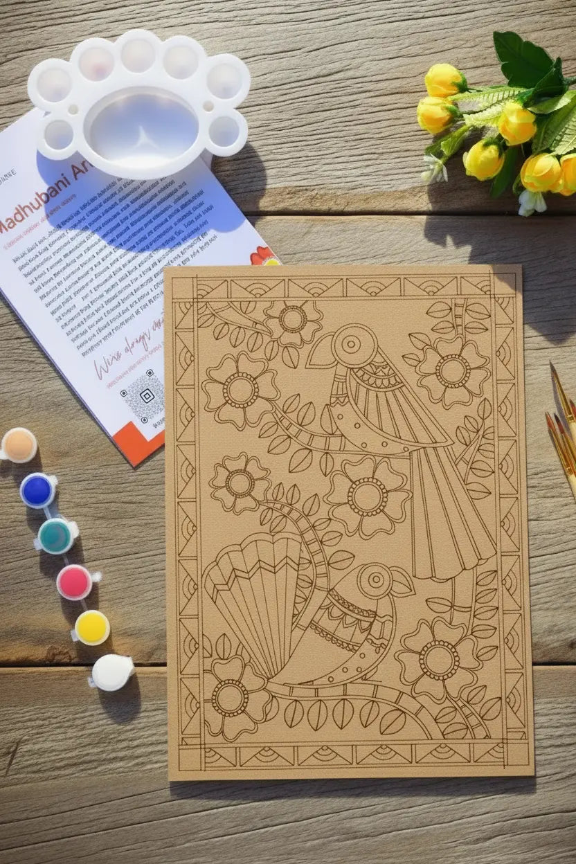 Arttykase Madhubani bird painting kit flat lay on a wooden surface - pre-etched A4 MDF board with two birds and floral folk art design, 12 acrylic paint pots, mixing palette, fine brush and Madhubani art instruction manual beside yellow flowers
