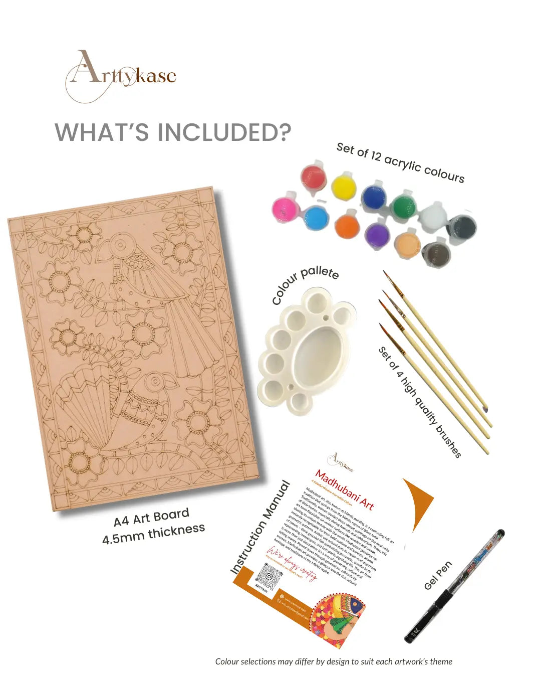 Arttykase Madhubani bird painting kit contents - A4 pre-marked MDF board with bird design at 4.5mm thickness, set of 12 acrylic colors, color palette, 4 high quality brushes, gel pen and Madhubani art instruction manual