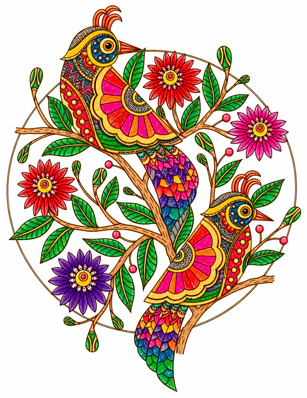 Completed Madhubani bird painting - two vibrant folk art birds on a flowering tree with red, pink and purple flowers - Arttykase online workshop result