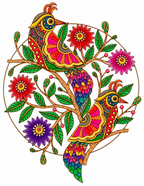 Completed Madhubani bird painting - two vibrant folk art birds on a flowering tree with red, pink and purple flowers - Arttykase online workshop result