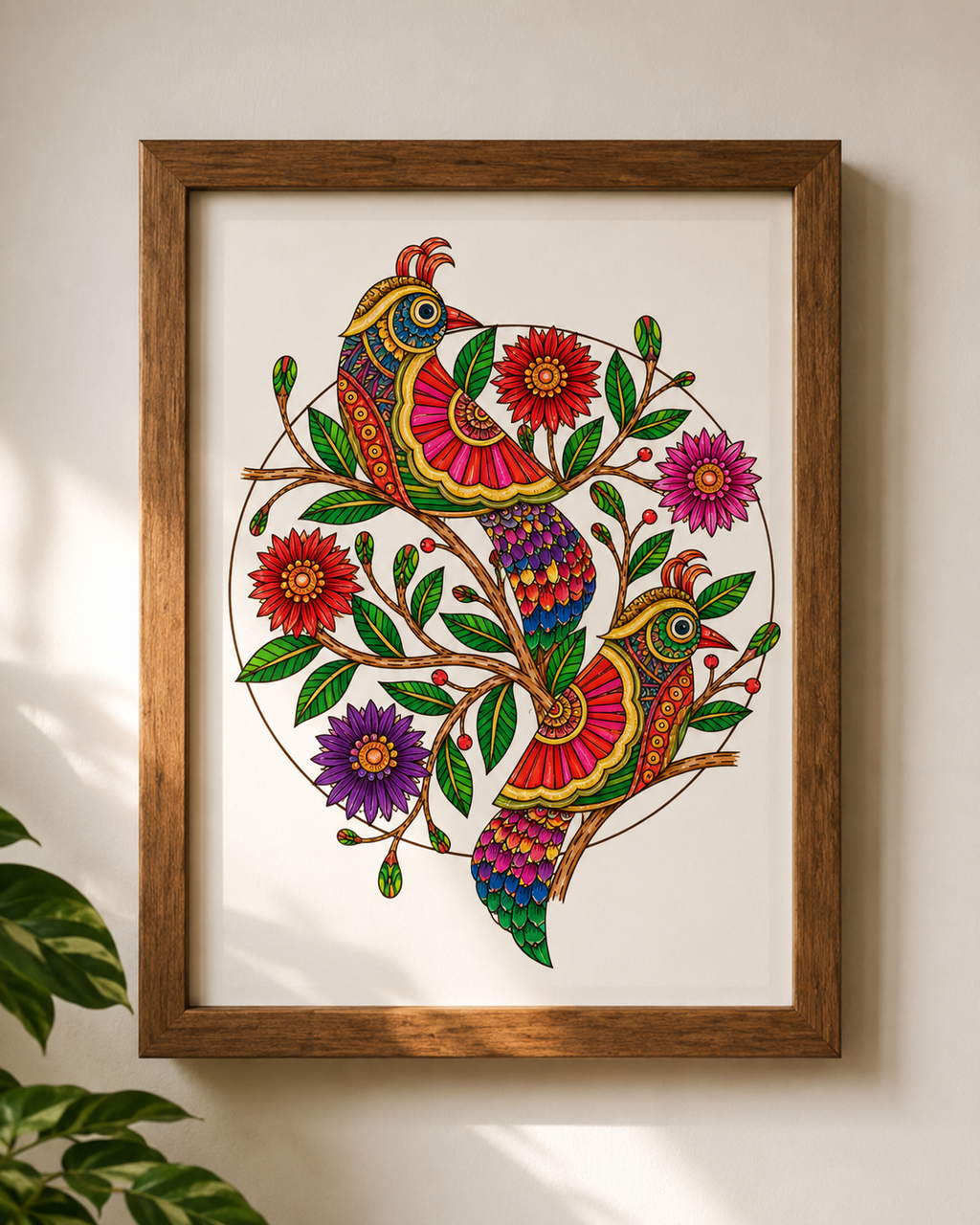 Finished Madhubani bird folk art painting framed in a wooden frame on a white wall with a green plant beside it - Arttykase online workshop result
