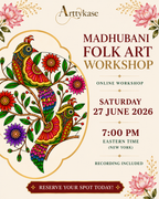 Arttykase Madhubani Folk Art online workshop flyer - Saturday 27 June 2026 at 7:00 PM Eastern Time, recording included, reserve your spot today