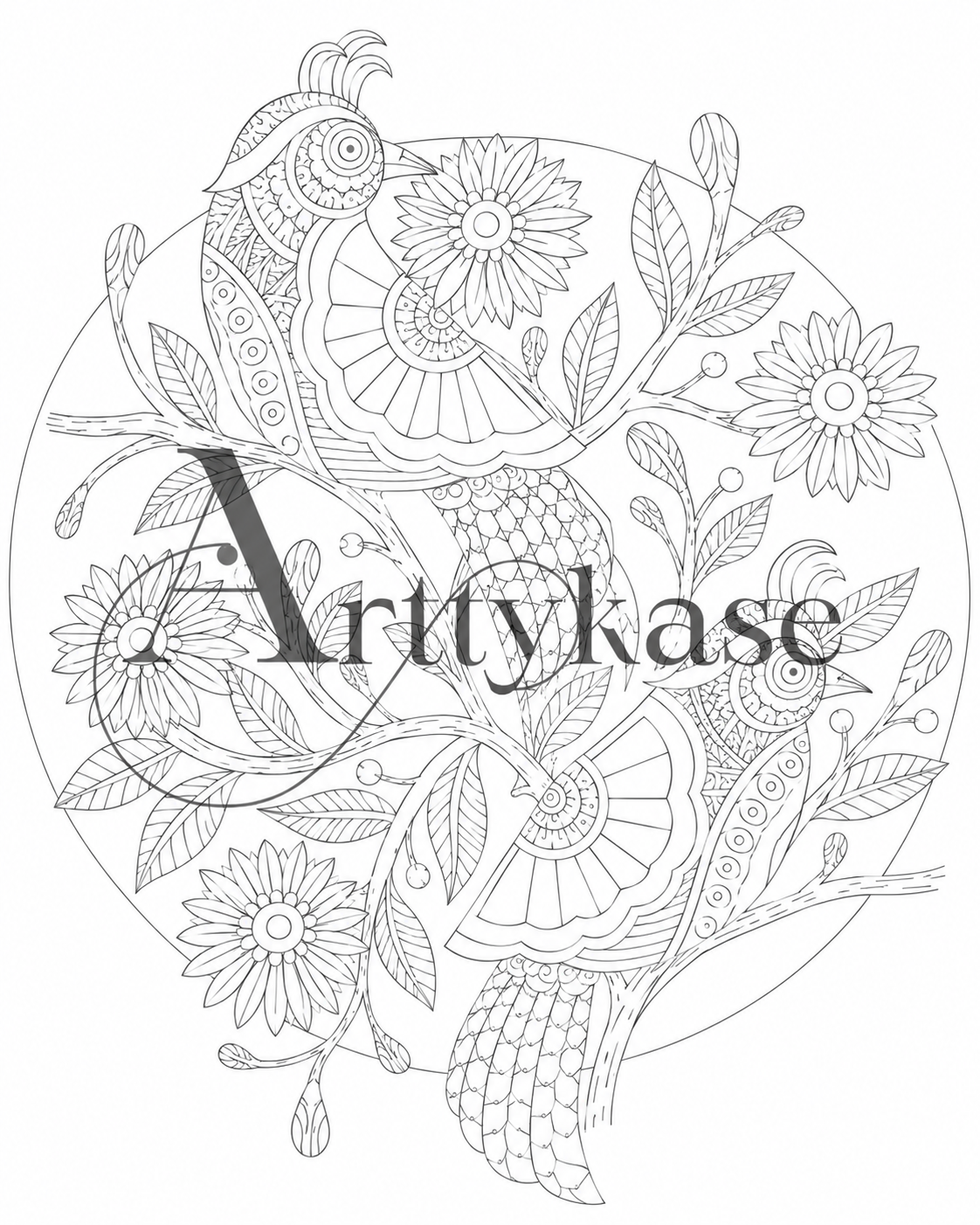 Arttykase Madhubani bird painting workshop - pre-drawn line art board showing two birds on a flowering tree with intricate folk art details, ready to paint