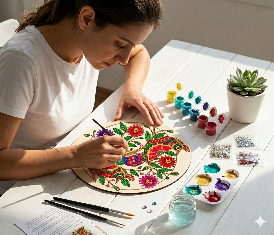 Woman painting a colorful Madhubani bird folk art design on a round wooden board at a sunlit white desk with acrylic paints, brushes and palette - Arttykase online workshop
