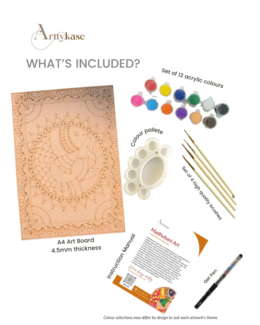 Madhubani fish mandala art kit styled on a wooden table - A4 pre-drawn board, 12 acrylic paint colors, brushes and palette for Indian folk art DIY painting - Arttykase