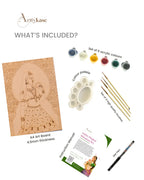 Complete Mughal princess art kit contents - pre-drawn A4 board with Indian royal court miniature design, 6 acrylic paints, 4 fine detail brushes, mixing palette, gel pen and guide