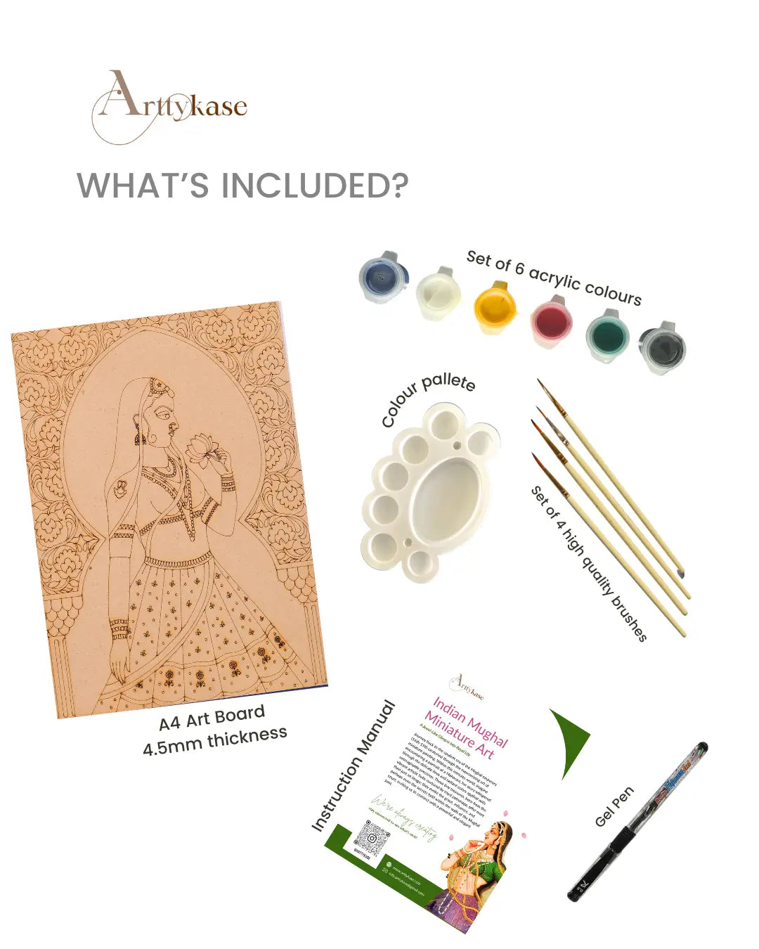 Complete Mughal princess art kit contents - pre-drawn A4 board with Indian royal court miniature design, 6 acrylic paints, 4 fine detail brushes, mixing palette, gel pen and guide