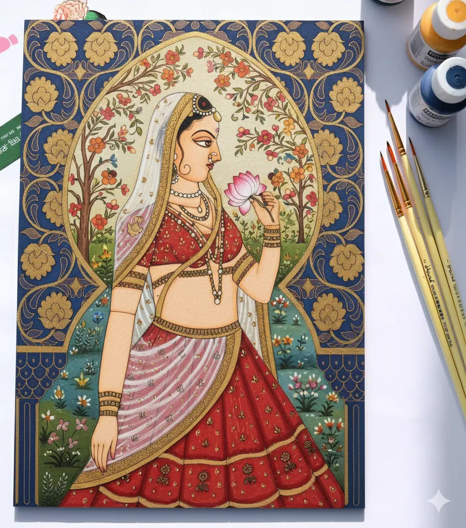 Arttykase Mughal princess Indian miniature art kit styled on a decorative surface - complete folk art DIY painting set with all tools included for beginners