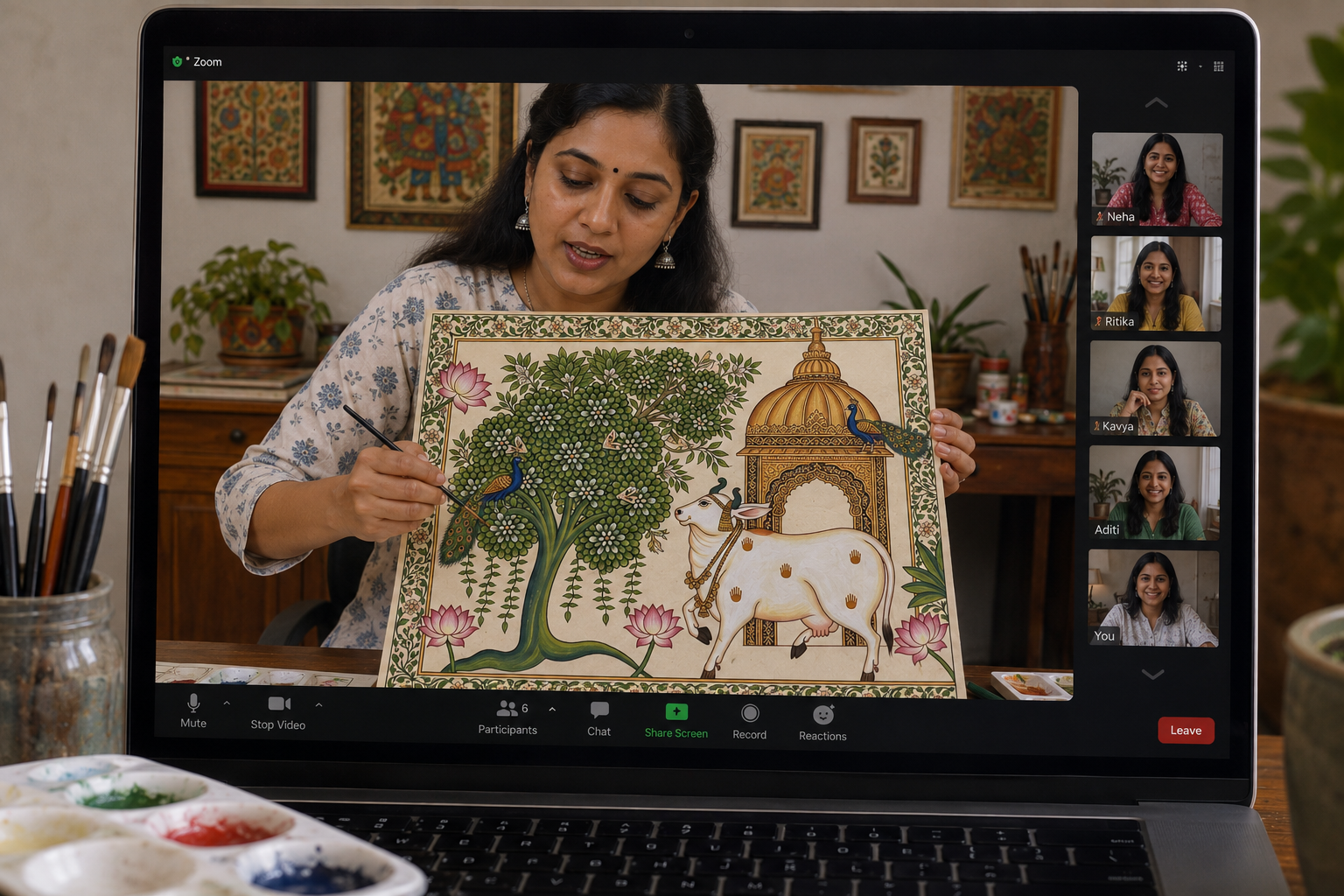 Arttykase Pichwai painting online workshop - Indian instructor showing completed Pichwai artwork to students on a Zoom video call with paints and palette in foreground