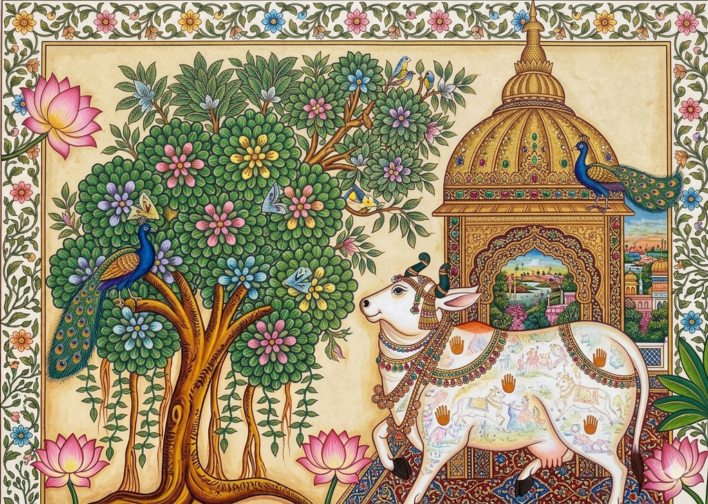 Close-up of finished Pichwai folk art painting showing sacred white cow with hand motifs, peacock and golden temple dome with intricate floral border - Arttykase workshop