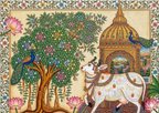 Close-up of finished Pichwai folk art painting showing sacred white cow with hand motifs, peacock and golden temple dome with intricate floral border - Arttykase workshop