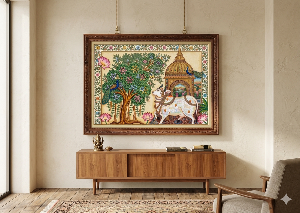 Finished Pichwai painting in an ornate wooden frame hanging on a living room wall above a wooden sideboard - Arttykase Indian folk art online workshop