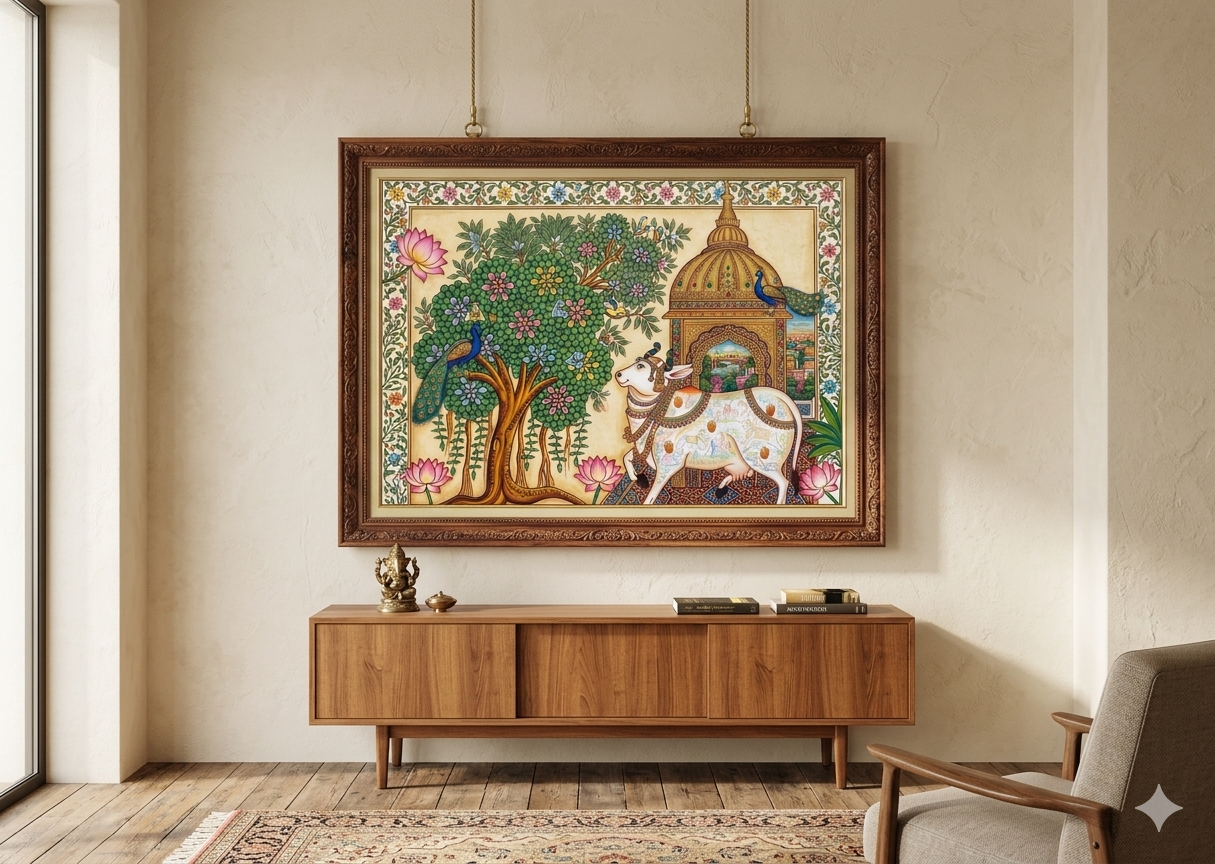 Finished Pichwai painting in an ornate wooden frame hanging on a living room wall above a wooden sideboard - Arttykase Indian folk art online workshop