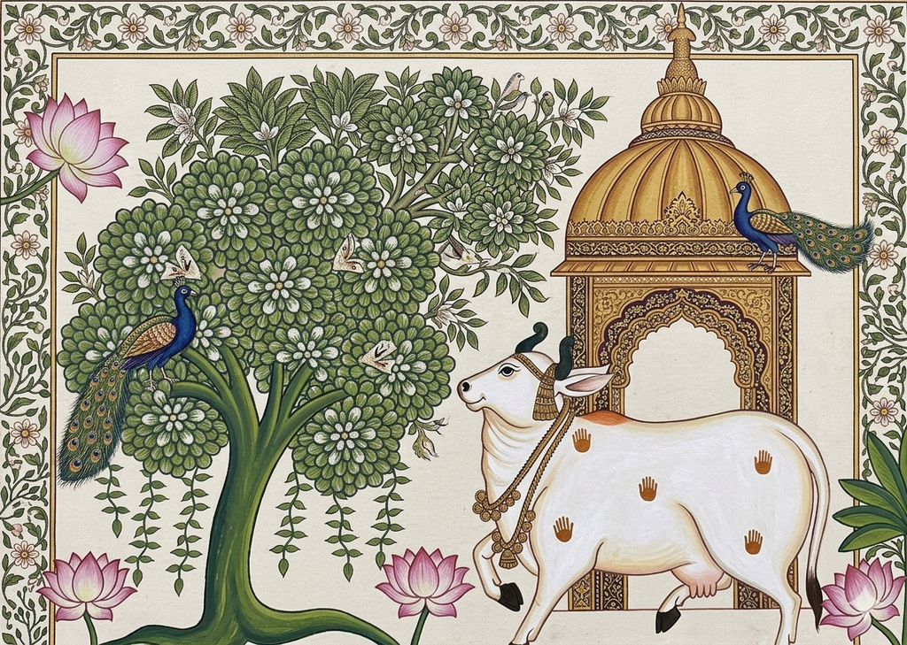 Finished Pichwai folk art painting featuring sacred Kamadhenu cow, peacocks and lotus flowers with golden temple dome - Arttykase online workshop result