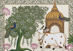Finished Pichwai folk art painting featuring sacred Kamadhenu cow, peacocks and lotus flowers with golden temple dome - Arttykase online workshop result
