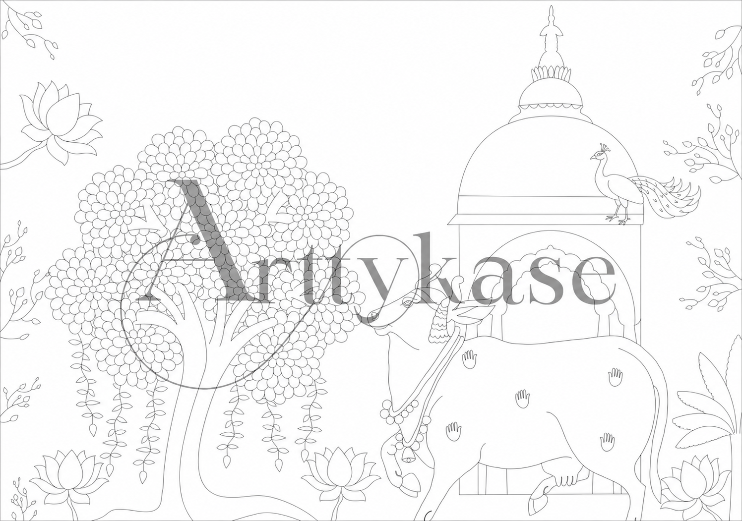 Arttykase Pichwai painting workshop pre-drawn line art board - detailed outline of Kamadhenu cow, peacocks, lotus flowers and temple dome ready to paint, no sketching needed