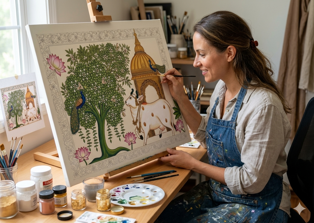 Smiling woman painting a Pichwai Indian folk art composition on an easel with acrylic paints and brushes at a sunlit desk- Arttykase online workshop