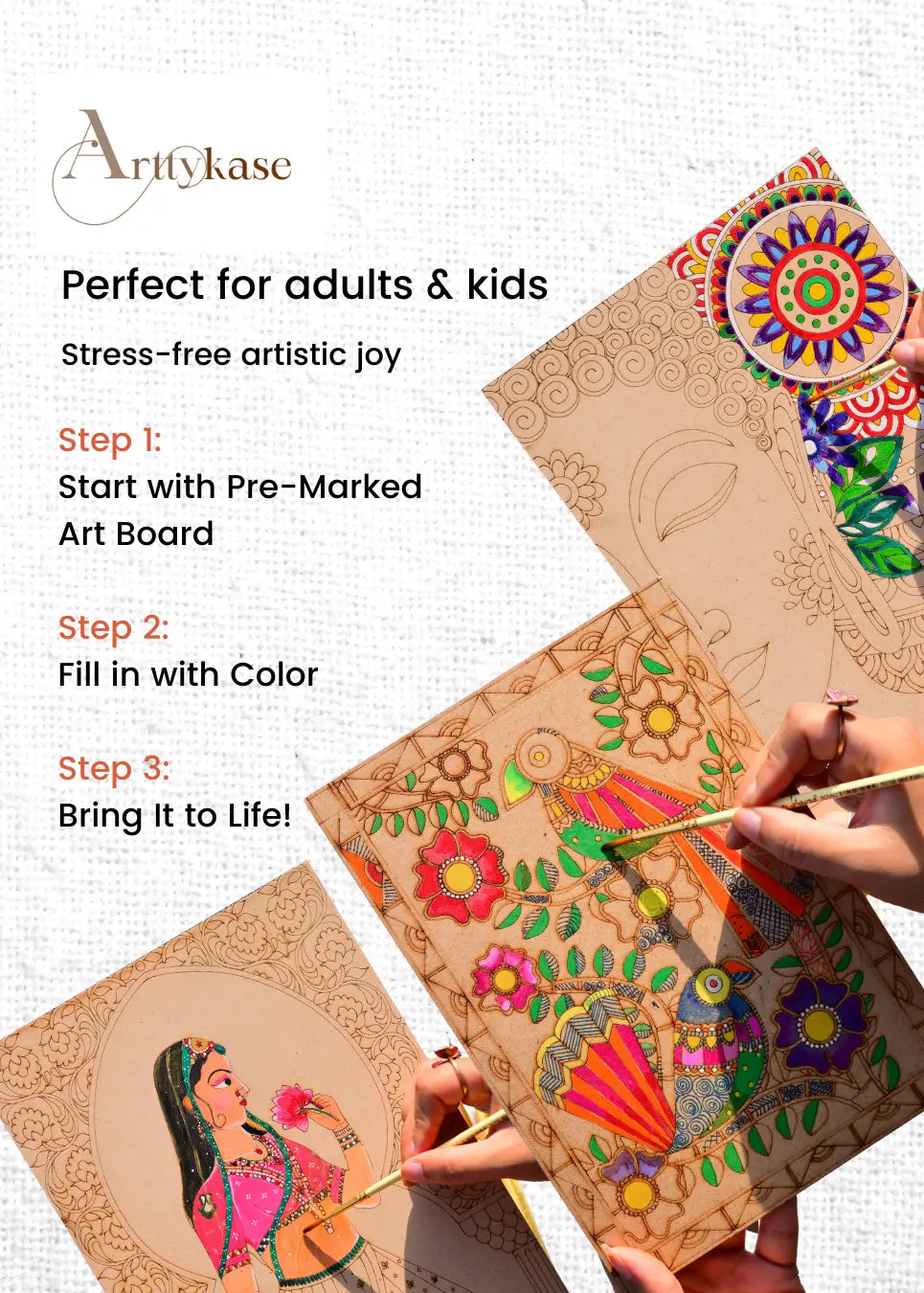 Arttykase pre-marked mandala and Indian folk art boards with intricate designs etched on natural MDF wood - no sketching needed, just unbox and start painting