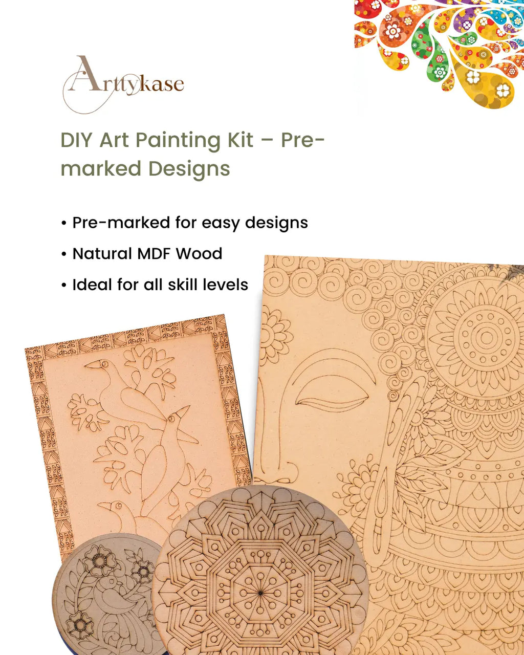 Arttykase pre-marked natural MDF art boards collection - Madhubani bird A4 board, dot mandala round board, dot mandala coaster, Madhubani bird coaster and Buddha mandala board - pre-etched Indian folk art designs ready to paint, no sketching needed