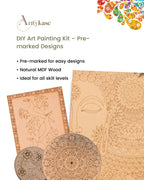 Arttykase pre-marked natural MDF art boards collection - Madhubani bird A4 board, dot mandala round board, dot mandala coaster, Madhubani bird coaster and Buddha mandala board - pre-etched Indian folk art designs ready to paint, no sketching needed